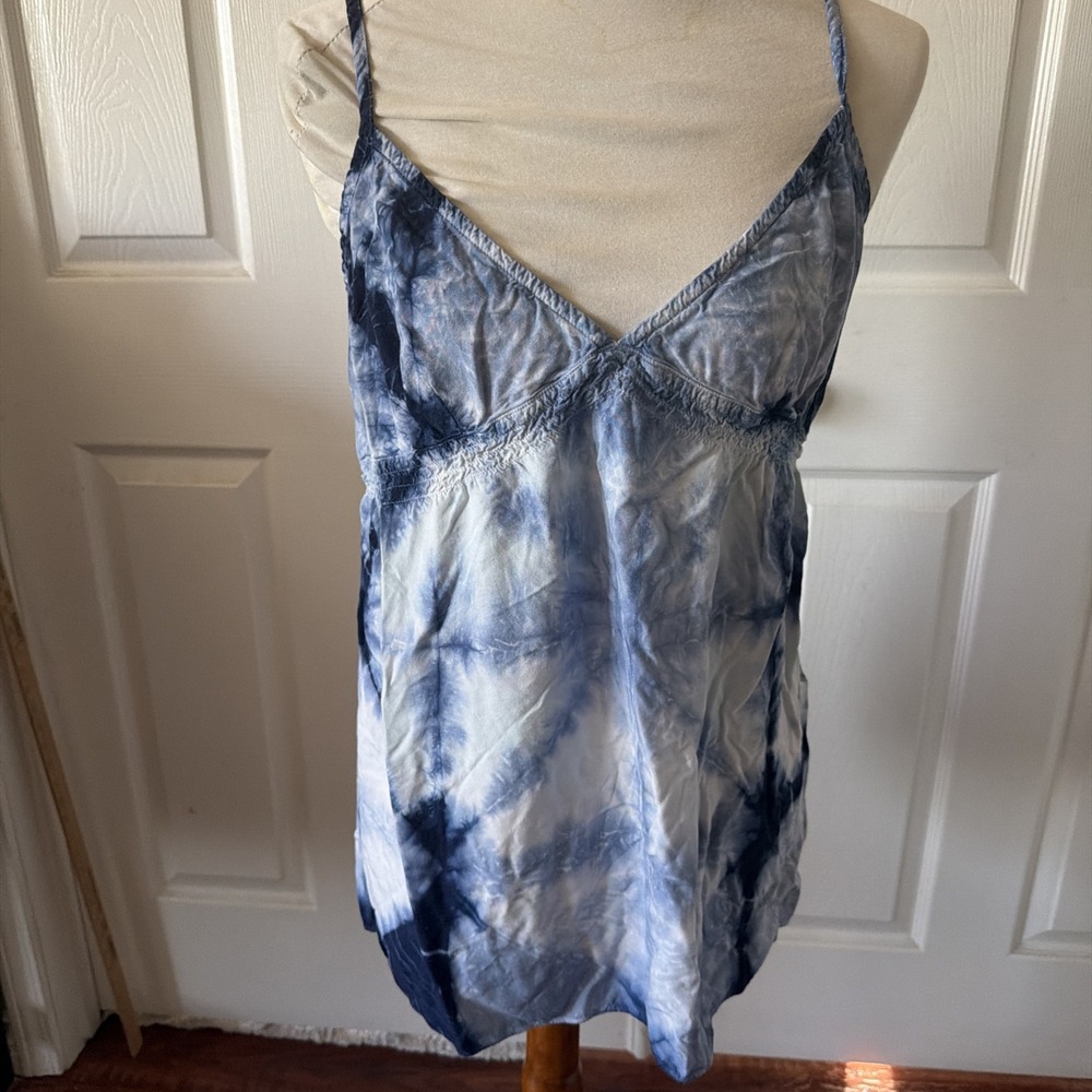 Lucky Brand Large Blue Tie Dye Rayon‎ Babydoll Cami Tank Adjustable Straps Boho